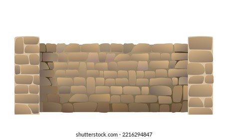 Fence made of rounded stones with supports and a foundation. Isolated on white background. Vector