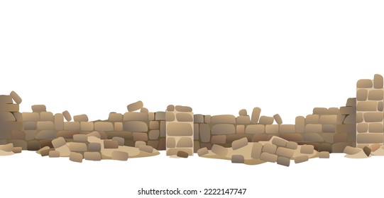 Fence made of rounded stones with supports and foundation. Horizontal seamless design. Destroyed old one. Isolated on white background Vector.