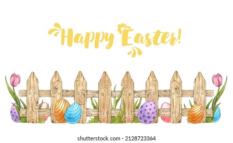 A fence made of wooden boards with Easter Eggs, green grass and pink Tulip. Wooden fence painted in watercolor. Vector Happe Easter illustration