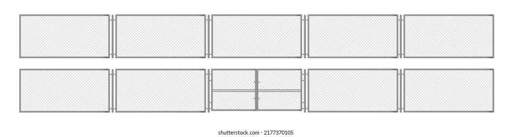 Fence mesh from wire, metal grid with gate. Steel fencing segments, prison perimeter protection barrier separated with poles, rabitz isolated on white background. Realistic 3d vector illustration
