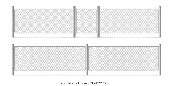 Fence mesh from wire, metal grid with gate. Steel fencing segments, prison perimeter protection barrier separated with poles, rabitz isolated on white background. Realistic 3d vector illustration