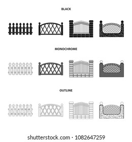 A fence of metal and bricks,wooden palisade. A different fence set collection icons in black,monochrome,outline style vector symbol stock illustration web.