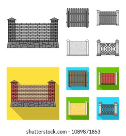 A fence of metal and bricks,wooden palisade. A different fence set collection icons in monochrome,flat style vector symbol stock illustration web.