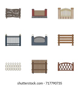 A fence of metal and bricks,wooden palisade and other varieties. A different fence set collection icons in cartoon style vector symbol stock illustration web.