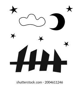 Zaun, Mond, Wolken, Sterne auf weißem Hintergrund. Doodle-Illustration zum Drucken, Grußkarten, Poster, Aufkleber, Textilien und saisonales Design. Vektor eps10.