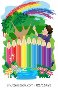 fence of pencils around the flower garden and a boy