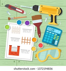 fence plan drawn on paper and tools lying next to it, top view. Modern flat style vector illustration.