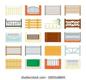 Fence sections set. Openwork casting with hearts simple rustic roughly knitted together from boards wooden farmhouse brick with iron mesh antique carved columns and flowerpot. Vector architecture.