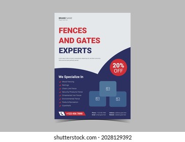 Fence service flyer template. Fencing and gate service poster leaflet design. Fencing contractor service flyer design template