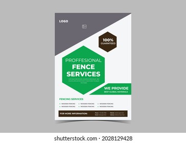 Fence service flyer template. Fencing and gate service poster leaflet design. Fencing contractor service flyer design template