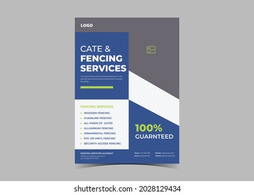 Fence service flyer template. Fencing and gate service poster leaflet design. Fencing contractor service flyer design template