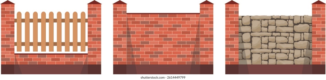Fence, set of fences made of brick, stone and wood, realistic fence icon. Background image, postcard, web banner, vector illustration. Vector.