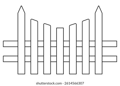 A fence with sharpened boards on the sides. The boards increase in height towards the edges of the wooden fence. Sketch. Vector illustration. Outline on an isolated white background. Doodle style. 