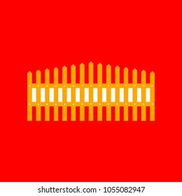 Fence sign illustration. Vector. Orange icon with white holes if exist at red background. Isolated.
