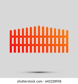 Fence sign illustration. Vector. Orange, red-yellow icon with shadow on gray background.