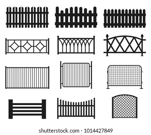 Fence silhouette set. Vector illustration isolated on white. Different types of fences: wooden, metal, forged, decorative. Fencing elements for private property protection.