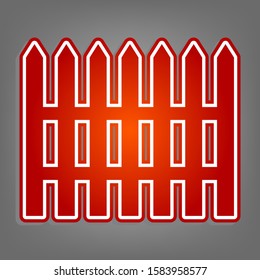 Fence simple sign. Flat red icon with linear white icon with gray shadow at grayish background. Illustration.