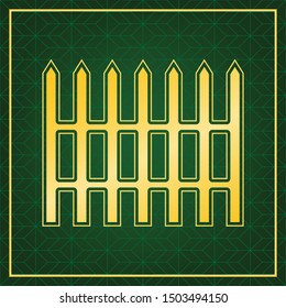 Fence simple sign. Golden icon with gold contour at dark green gridded  background. Illustration.