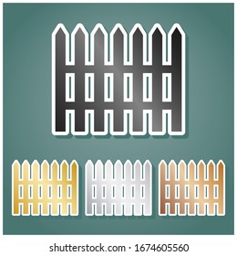 Fence simple sign. Set of metallic Icons with gray, gold, silver and bronze gradient with white contour and shadow at viridan background. Illustration.