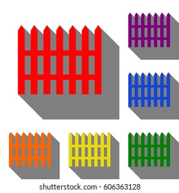 Fence simple sign. Set of red, orange, yellow, green, blue and violet icons at white background with flat shadow.