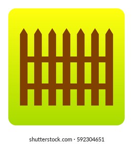 Fence simple sign. Vector. Brown icon at green-yellow gradient square with rounded corners on white background. Isolated.