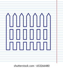 Fence simple sign. Vector. Navy line icon on notebook paper as background with red line for field.