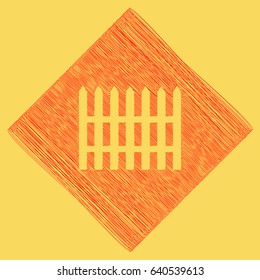 Fence simple sign. Vector. Red scribble icon obtained as a result of subtraction rhomb and path. Royal yellow background.