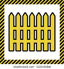 Fence simple sign. Vector. Warm yellow icon with black contour in frame named as under construction at white background. Isolated.