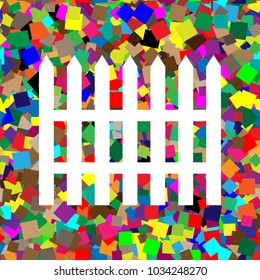 Fence simple sign. Vector. White icon on colorful background with seamless pattern from squares.