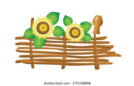 Zaun mit Sonnenblumen und Topf