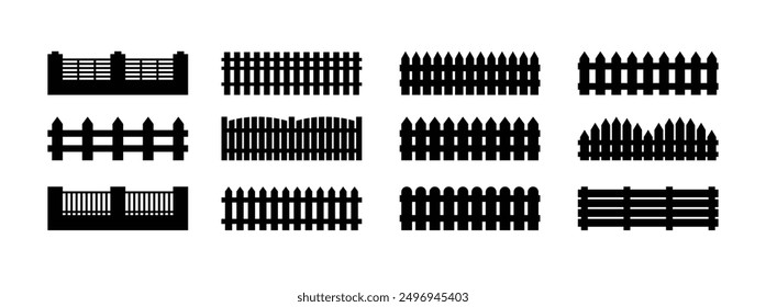 Conjunto de iconos de Plantilla de valla aislado. Silhouette Barrera negra para la protección del jardín, de la casa y de la granja. Diferentes tipos de vallas. Ilustración vectorial