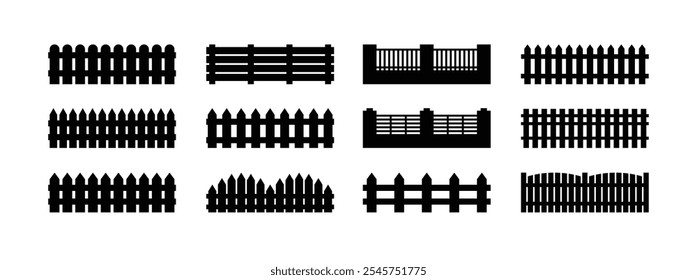 Conjunto de iconos de Plantilla de valla aislado. Silhouette Barrera negra para la protección del jardín, de la casa y de la granja. Diferentes tipos de vallas. Ilustración vectorial