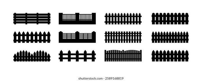 Fence template Icon Set Isolated. Silhouette Black Barrier for Protection Garden, House and Farm. Different Types Fences. Vector illustration