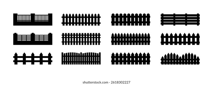 Conjunto de ícones do modelo de cerca isolado. Silhueta Barreira Negra para Proteção Jardim, Casa e Fazenda. Diferentes Tipos De Fronteiras. Ilustração vetorial