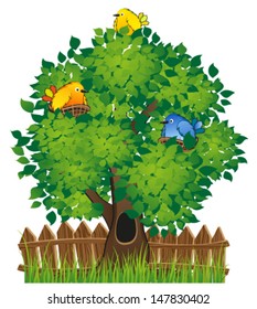 Fence, tree and bright colored birds on a white background