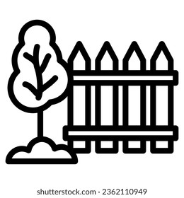 Fence and tree line icon, Garden and gardening concept, Garden sign on white background, Fruit tree behind wooden fence icon in outline style for mobile concept, web design. Vector graphics