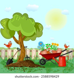 Fence, tree, wheelbarrow, watering can, flowers, seedling and pots on garden landscape.Backyard garden with lawn, growth plants, potted flowers, fertilizer, soil, tool.Cartoon gardening concept.Vector