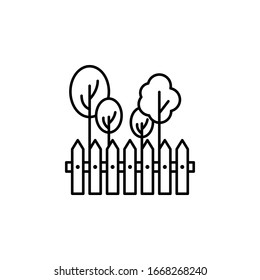 Valla, árboles, icono del jardín. Línea simple, contorno vectorial elementos de ciudad para ui y ux, sitio web o aplicación móvil