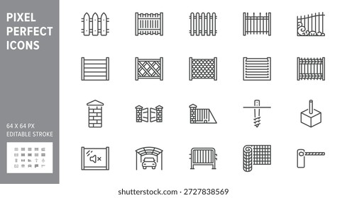 Fence types line icon set. Vector illustration include icon - wood, blinds panels, masonry, artistic forging metal gates outline pictogram for guardrail. 64x64 Pixel Perfect, Editable Stroke.