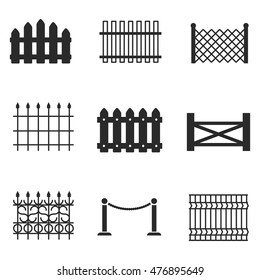 Fence vector icons. Simple illustration set of 9 fence elements, editable icons, can be used in logo, UI and web design