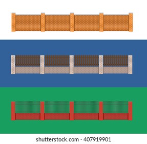 Fence vector illustration. Brick fence around the house vector design. Security fence. Brick wall vector collection. 