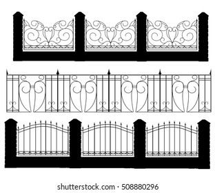 Fence vector illustration. Brick fence and wood . Different designs of gates isolated on a white