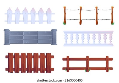 Fence, vector wooden and stone railings. Farm palisade gates, balustrade with pickets or barbwire. Enclosure banister or fencing sections with decorative pillars 2d elements, isolated cartoon set