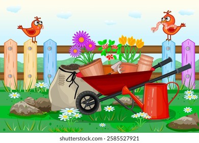 
Fence, wheelbarrow, watering can, flowers, seedling and pots on garden landscape.Backyard garden with lawn, growth plants, potted flowers, fertilizer, soil,tools.Gardening concept.Vector illustration