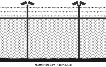 Fence wire mesh barbed wire, vector silhouette. Street camera on the pillar. No passage, no thoroughfare