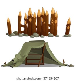 A fence of wooden barrels and the tent of the skins of the bear. Vector illustration.