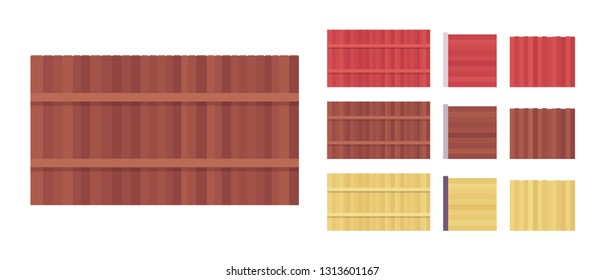 Fence wooden barrier set, home and land protection element. High boundary to prevent or block movement to house. Vector flat style cartoon illustration isolated, white background, different views