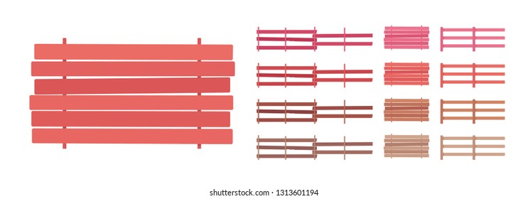 Fence wooden barrier set, home and land, cottage protection element. Planks security from passersby, solid board. Vector flat style cartoon illustration isolated, white background, different views