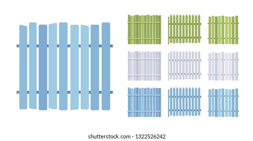 Fence wooden barrier set, home and land protection element. Outdoor boundary enclosing or bordering a field, yard. Vector flat style cartoon illustration isolated, white background, different views
