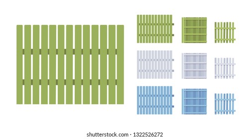 Fence wooden barrier set, home and land protection element. Decoration boundary for street or neighborhood privacy. Vector flat style cartoon illustration isolated, white background, different views